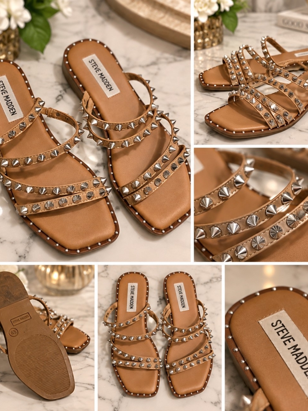 Steve Madden Tan Studded Triple-Strap Slide Sandals